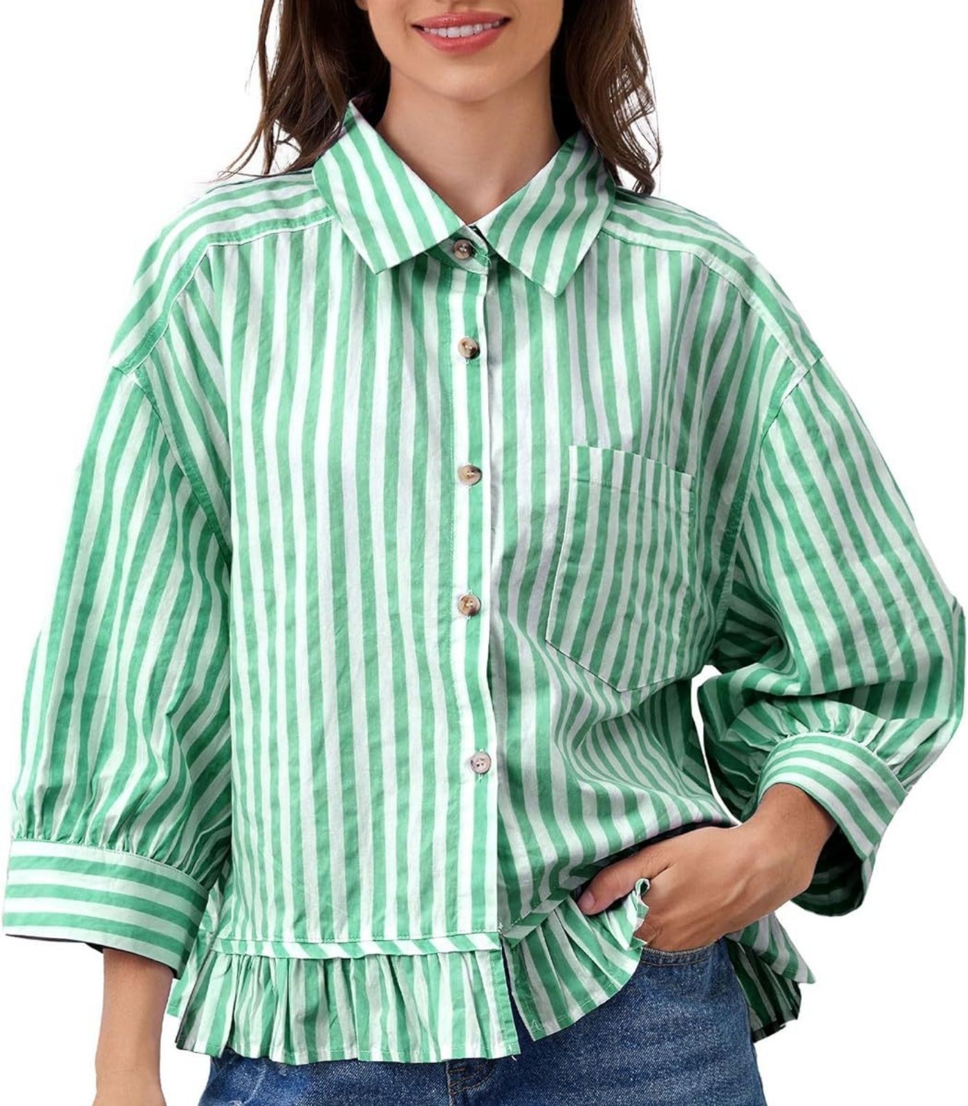 Loose-fitting Casual Top With A Front Placket And Three-quarter Sleeves