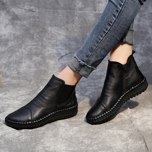 Women's Flat Casual Soft-soled Plus Velvet Leather Boots