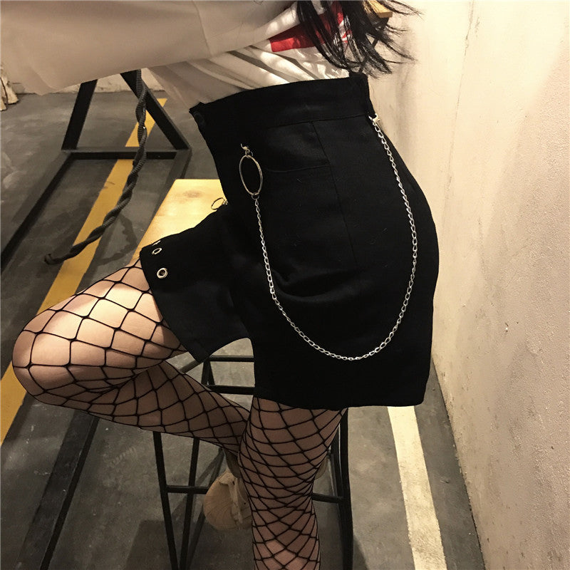 Vintage ring chain high waist wild black denim skirt