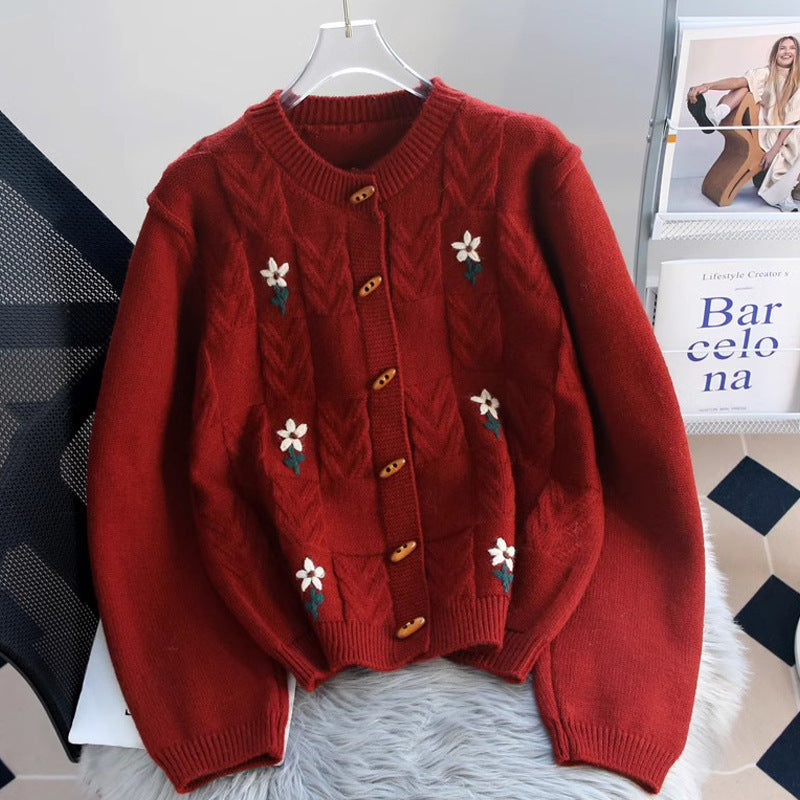 Retro Machine Embroidery Cable-knit Sweater Coat