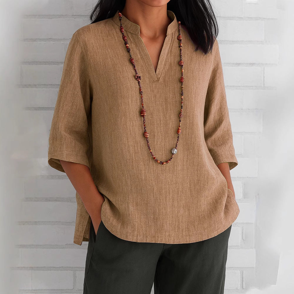 Summer Women's Clothing V-neck 34 Sleeves Cotton And Linen Loose Casual Shirt