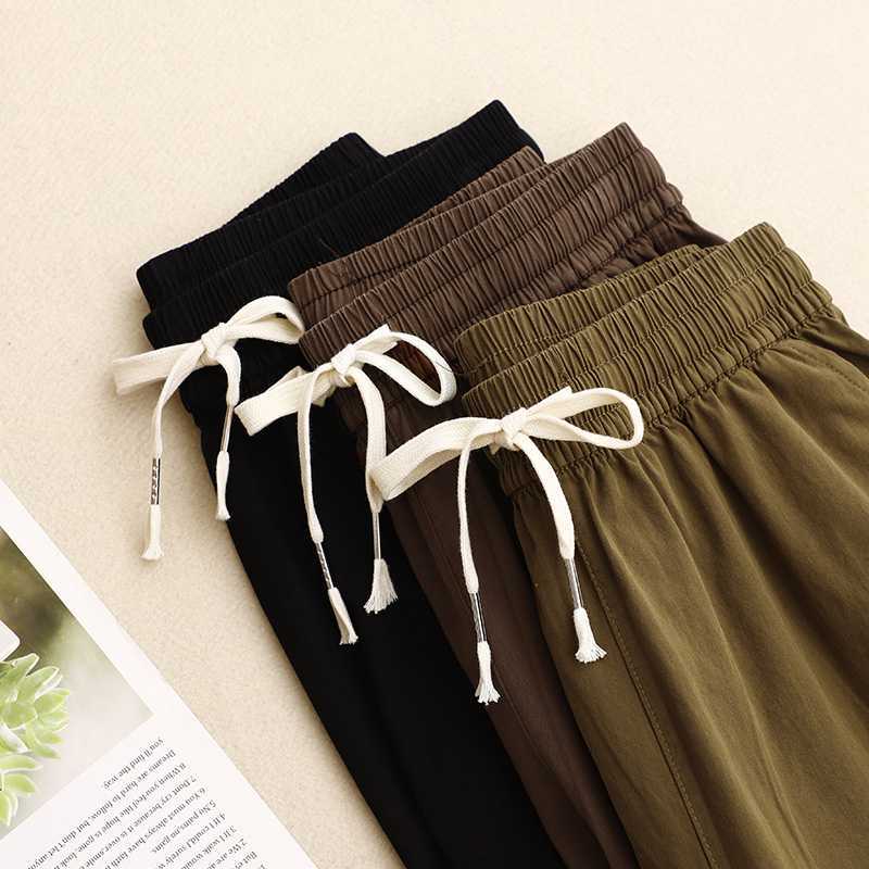 Pure Cotton Casual Pants Simple Tapered Cropped Pants Mid Waist