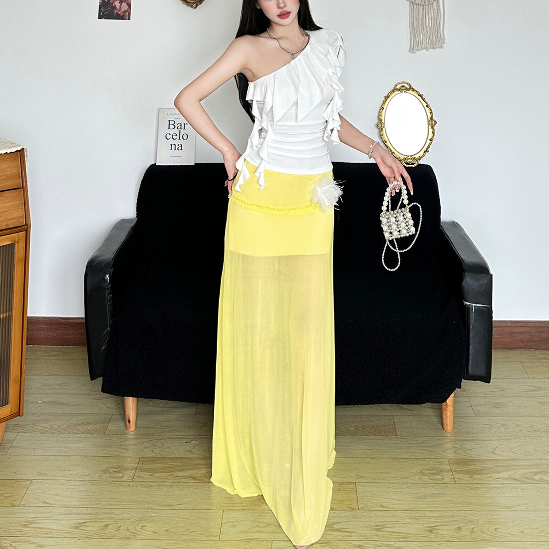 Women's Slant Shoulder Slim Fit Top And Skirt Set