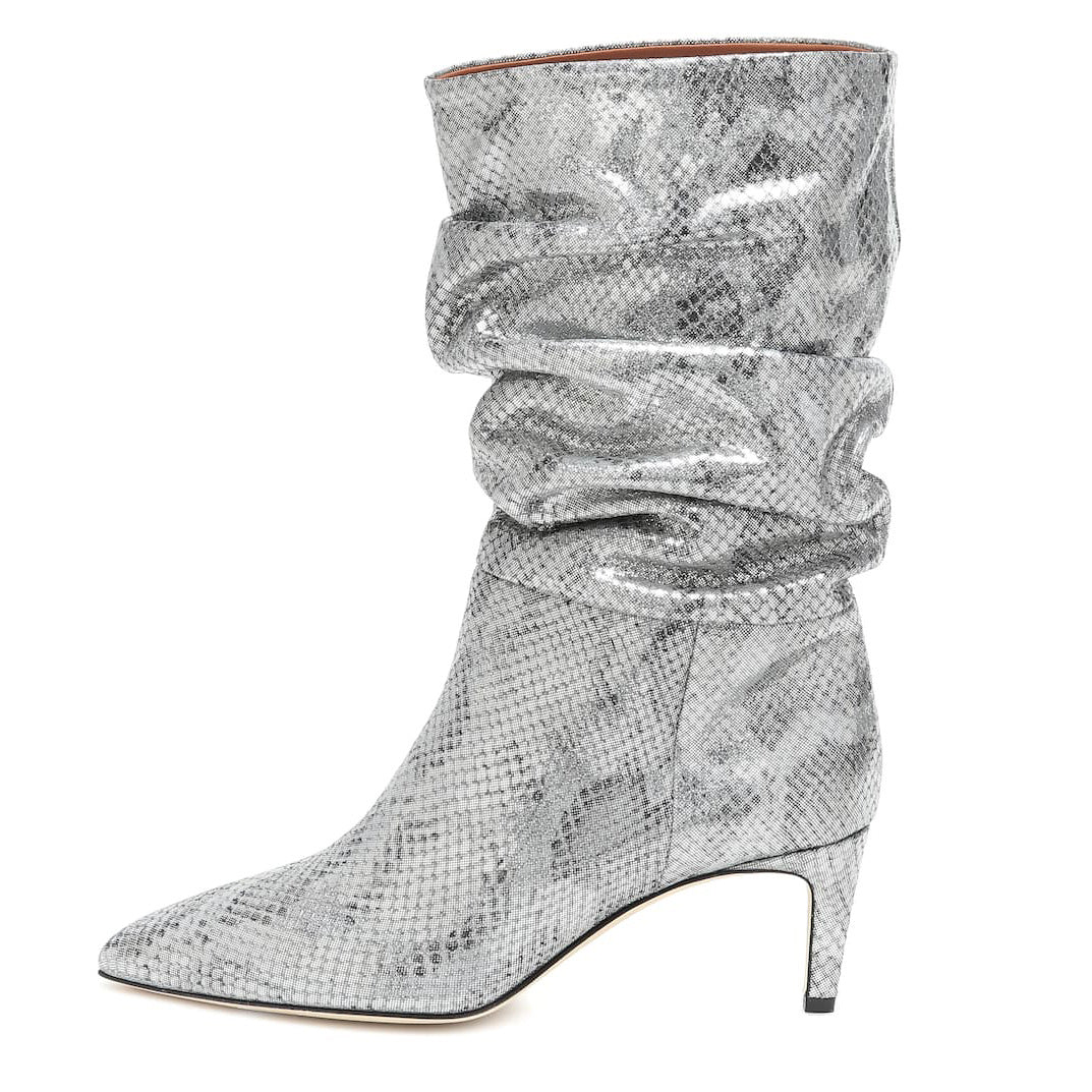 Pointed Toe Stiletto High Heel Snake Print Pleated Mid-top Boots Purple And Silver Women's Boots