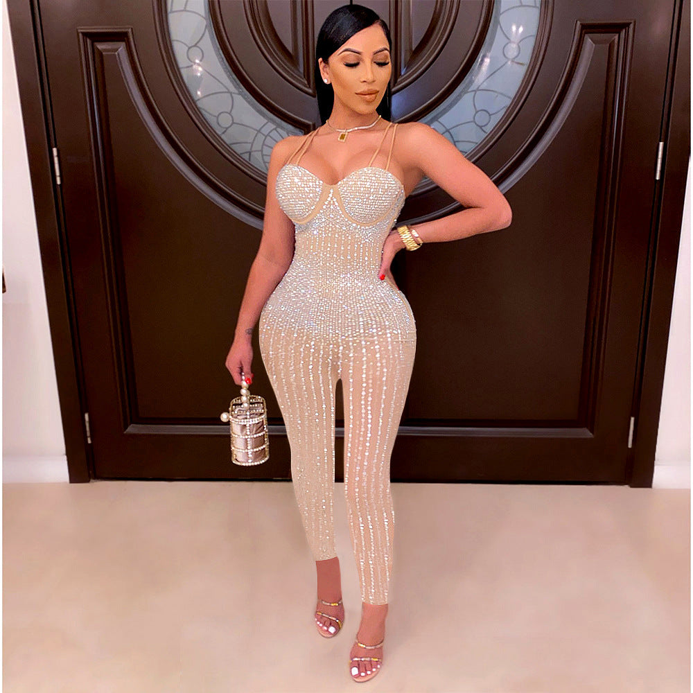 Sexy Mesh See-through Rhinestone Sleeveless Suspender Jumpsuit For Women