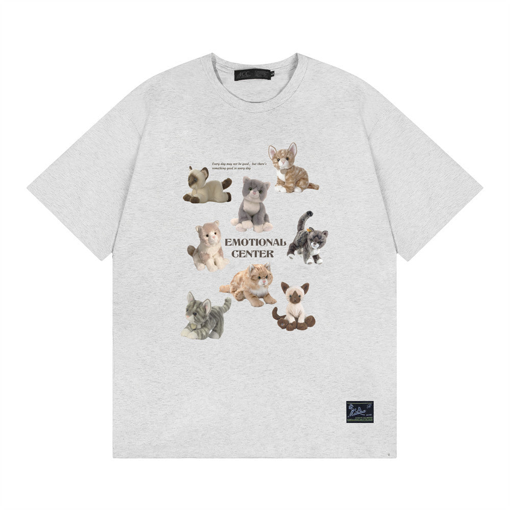Cartoon Animal Print Kitten Short-sleeved T-shirt Boys Street Fashion Hip Hop