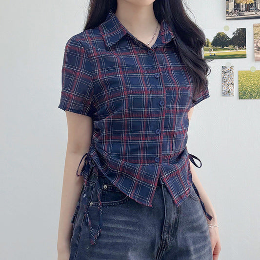 Retro Elegant Hem Pleating Short Sleeve Plaid Shirt