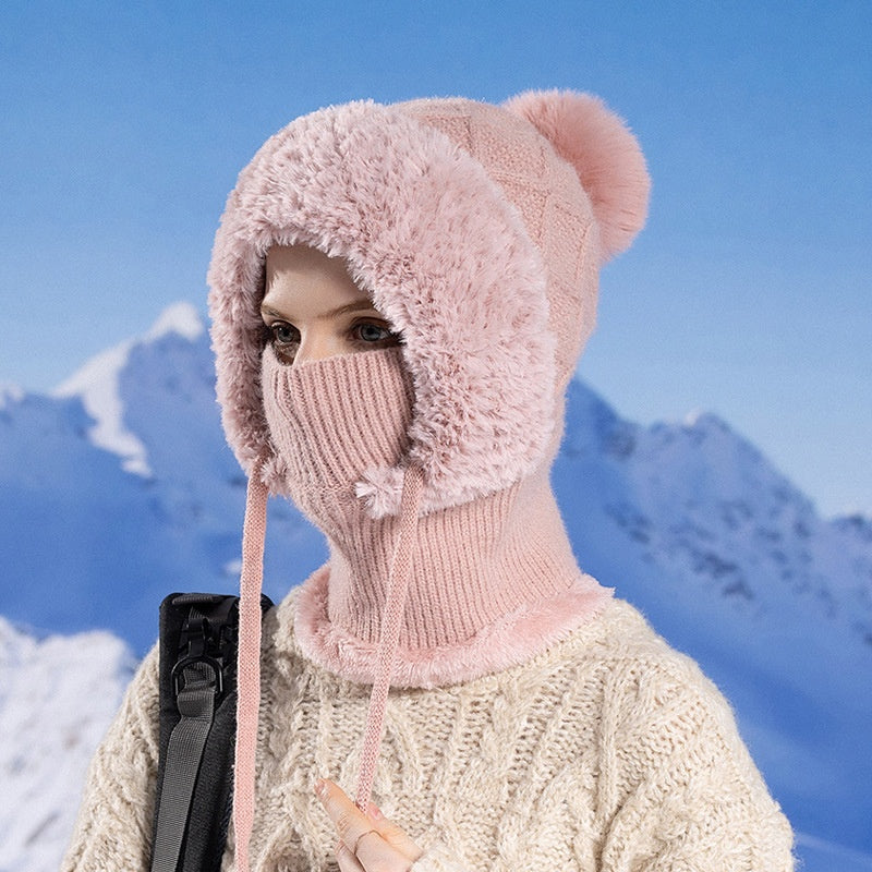 Scarf Integrated Knit Women's Fleece-lined Warm Hat