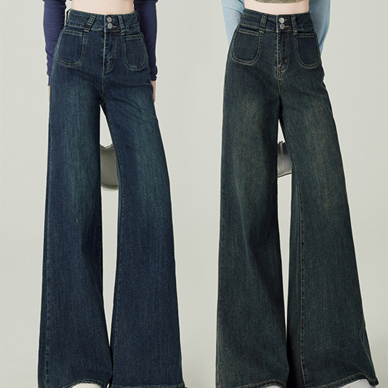 Dame-vintageblå jeans med høj talje