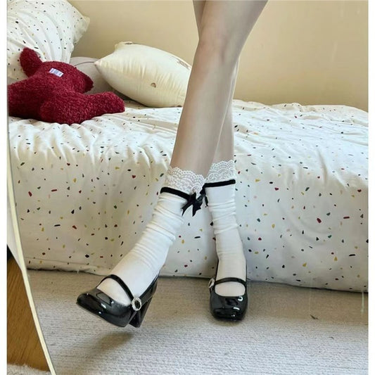 Lace-trimmed Breathable Calf Socks With A Bow Detail