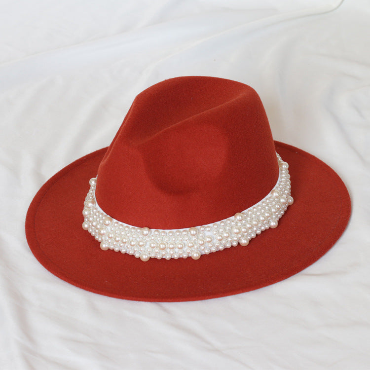 Handmade Pearl Top Hat Big Brim Fur Felt Hat