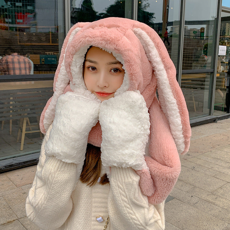 Women's Fashion Cute Rabbit Ears Plush Hat Scarf Gloves One Three Pieces Set