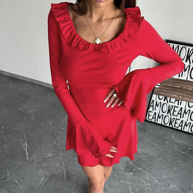 New Solid-color U-neck Flared-sleeve Long-sleeve Dress Skirt