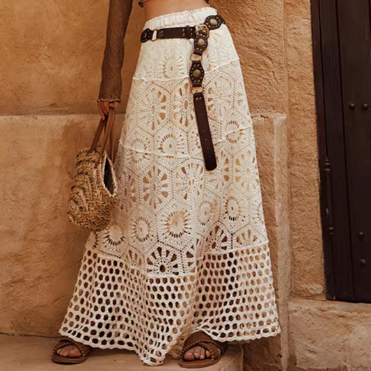 Lace Patchwork A- Line Skirt Holiday Style Hollow-out Midi Dress