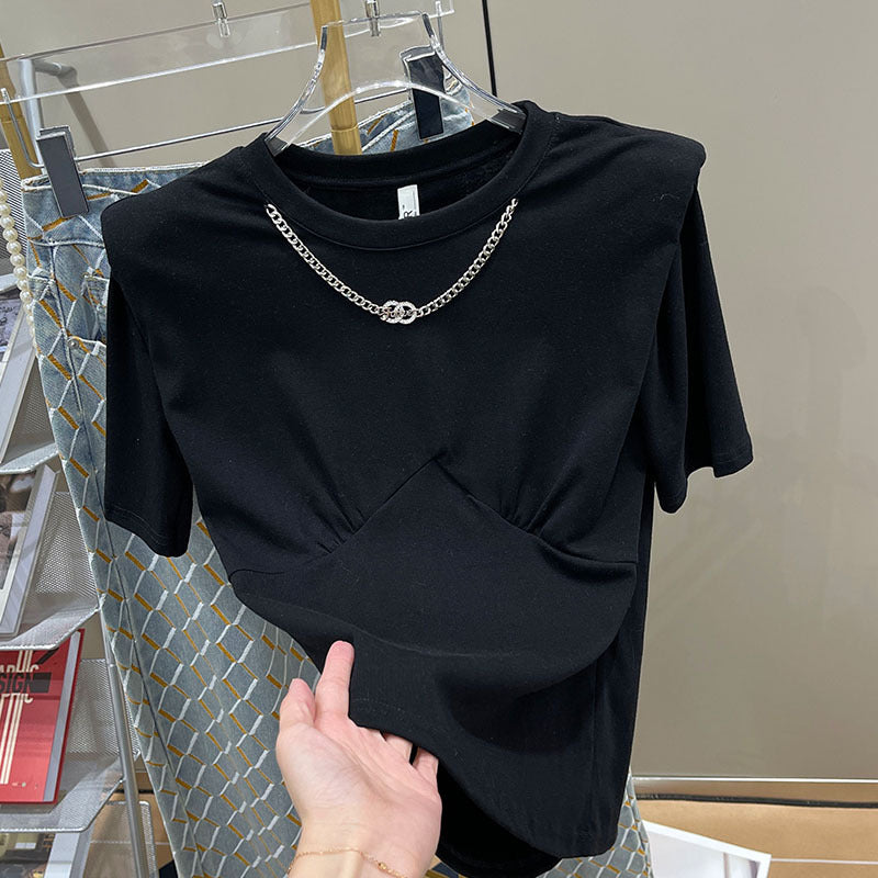 Women's Light Mature Style White Front Shoulder T-shirt