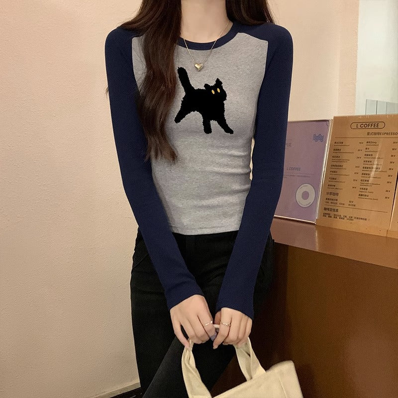 Women's Long-sleeved T-shirt Early Autumn Printed Design Color Contrast Bottoming Shirt Top