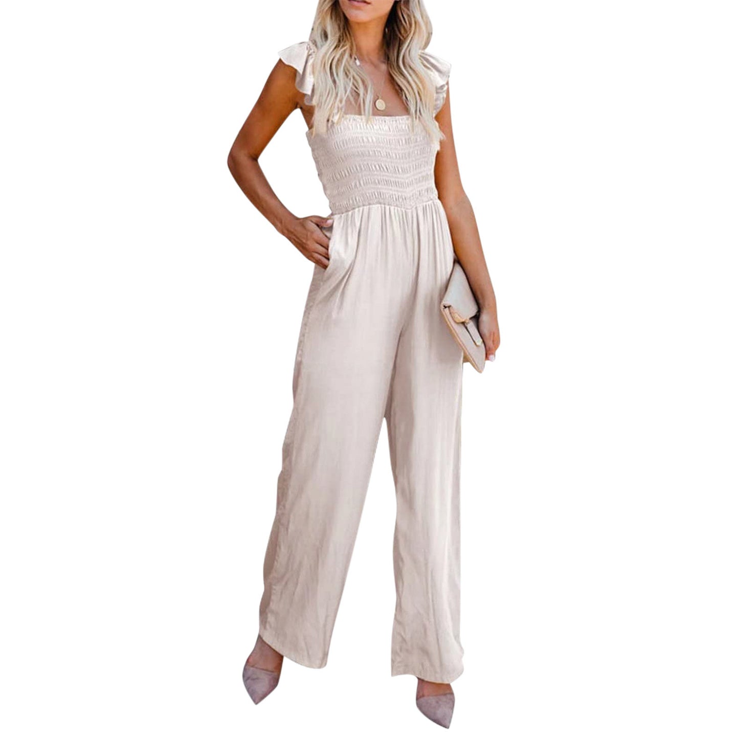 Women's Casual Ruffled Shoulder Straps High Waist Solid Color Wide Leg Jumpsuit