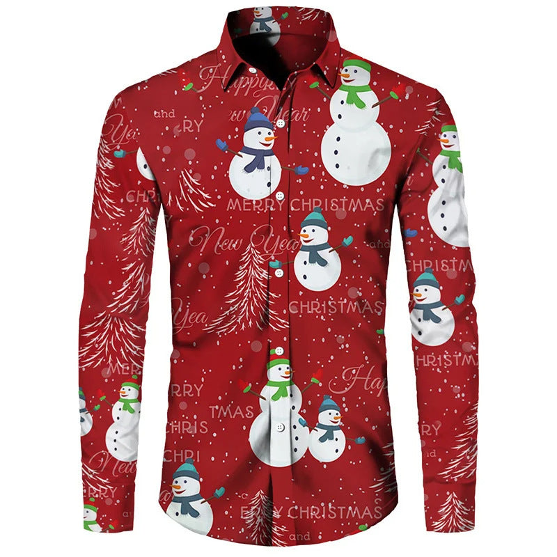 Funny Christmas Theme Digital 3D Printing Men's Button Lining Casual Long Sleeve