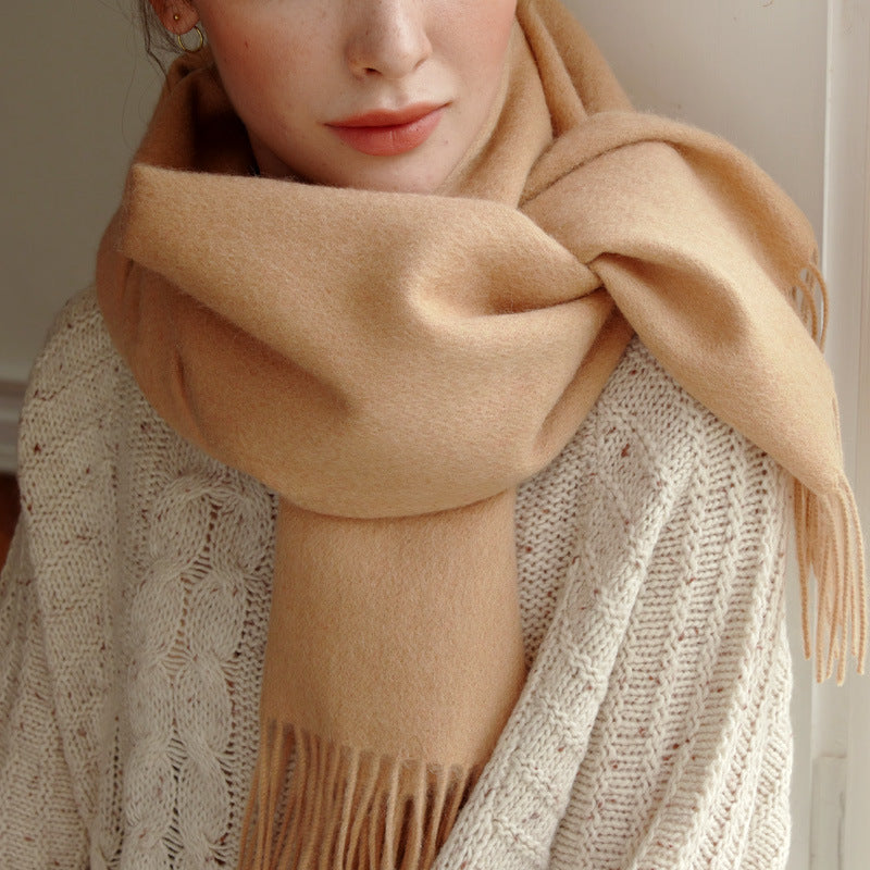Pure Wool Scarf Women's Warm Tassel Solid Color Scarf