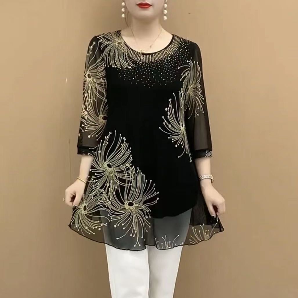 Three-quarter Sleeve Mesh T-shirt High-end Shirt Middle-aged Mom Summer Round Neck Half-open Collar Hollow Out