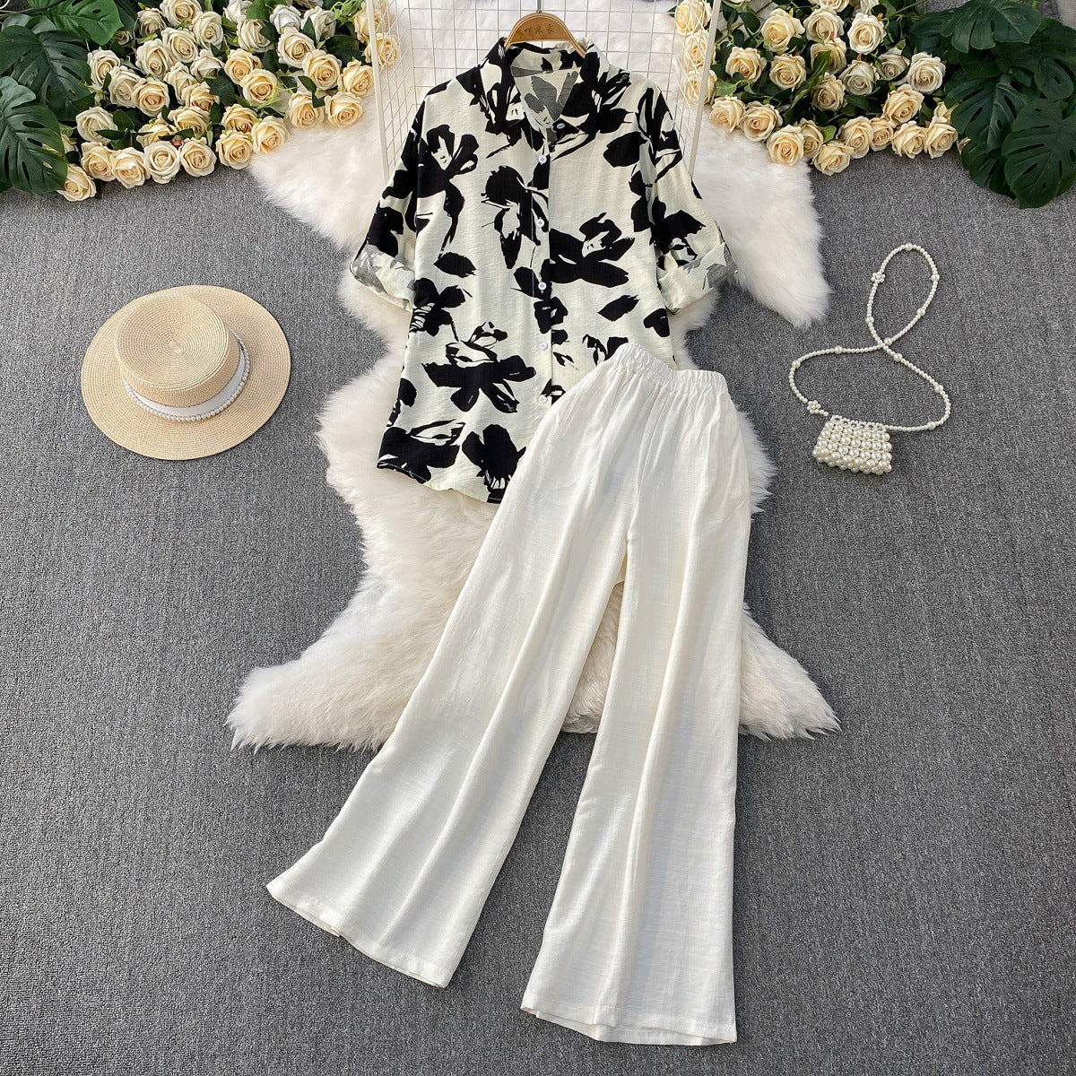 Raglan-sleeve Sun-protective Shirt High-waiste Slimming Wide-leg Pants