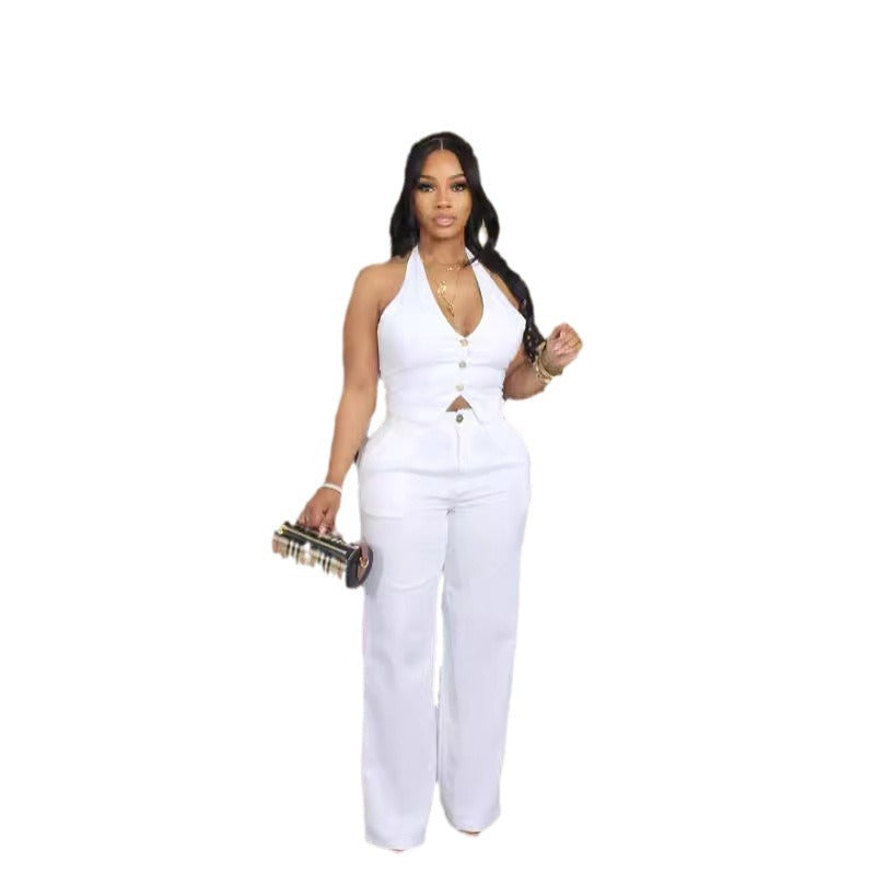 Solid-color V-neck Halter Blazer Vest And Pants Set