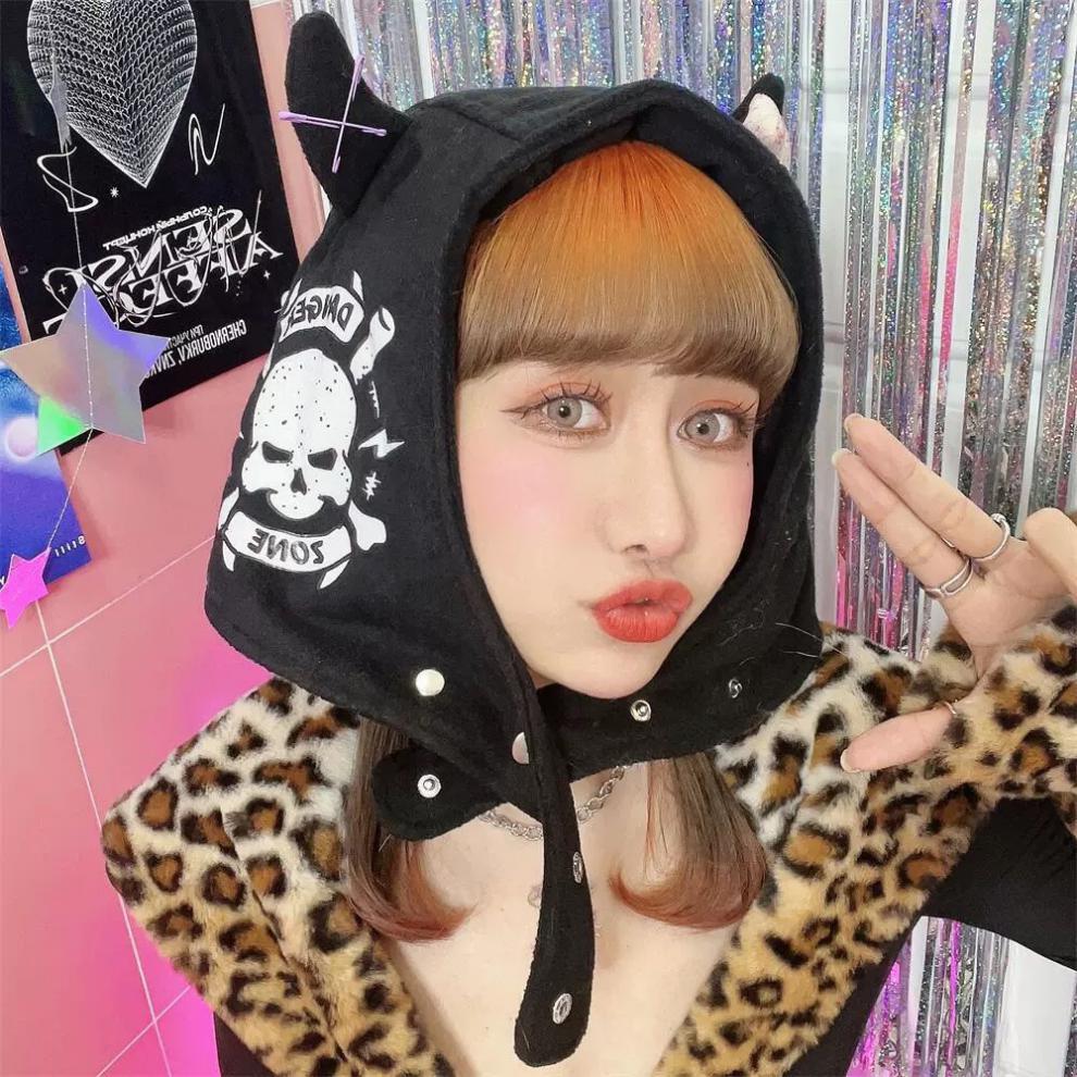 Devil Horn Skull Printed Bones Earmuffs Hat