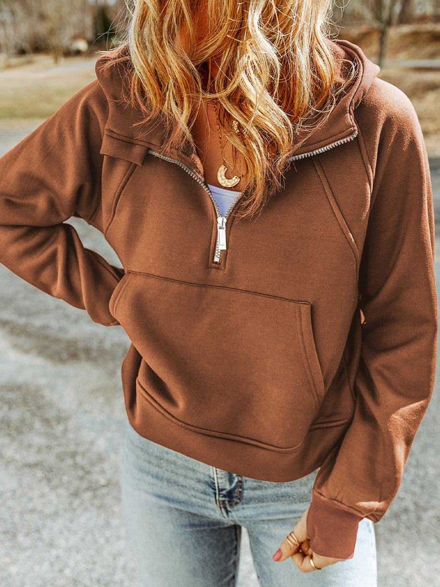Women's Fashion Casual Solid Color Hooded Zipper Collar Long Sleeve Top