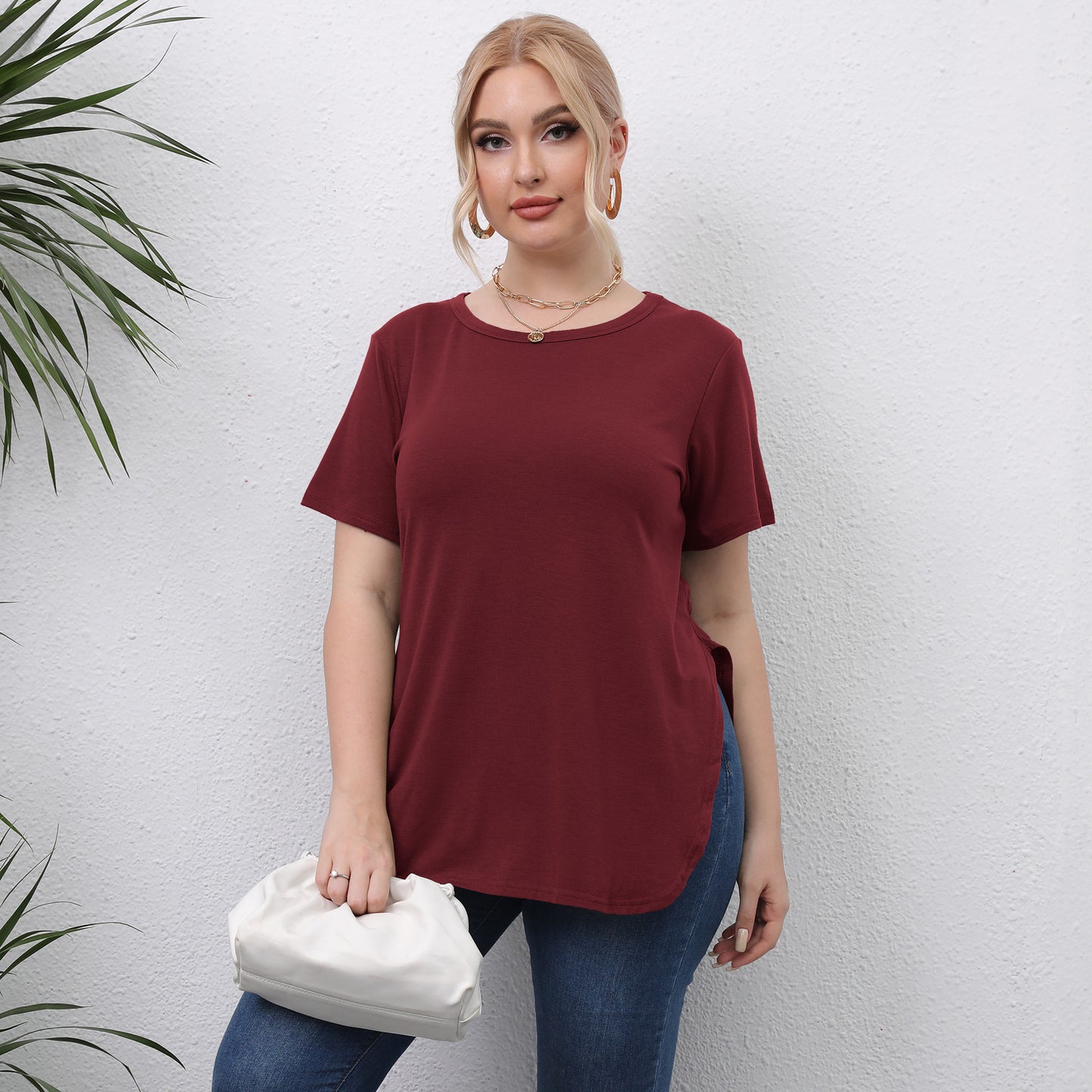 Casual Simple Top Round Neck Split Short-sleeved T-shirt
