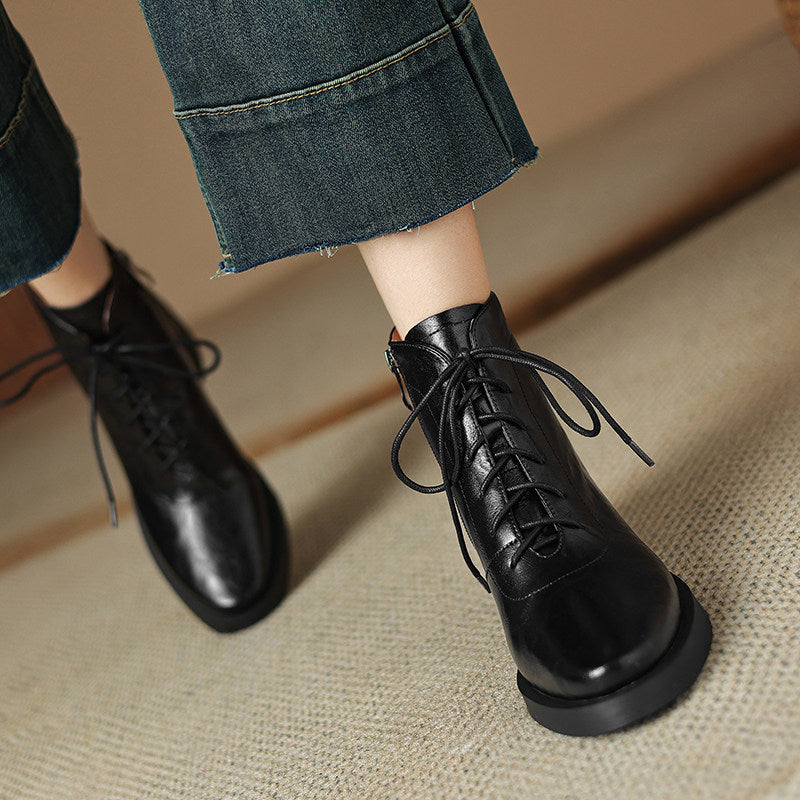 Retro Brown Leather Lace-up Boots
