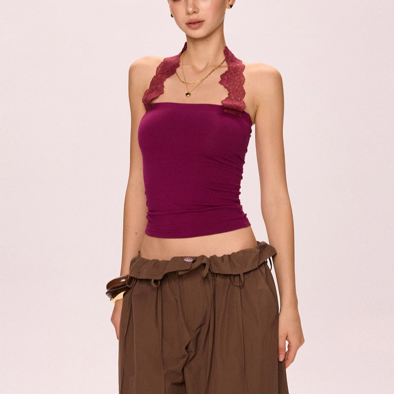E Purple Lace Halter Spaghetti Straps Hot Girl Tube Top Vest