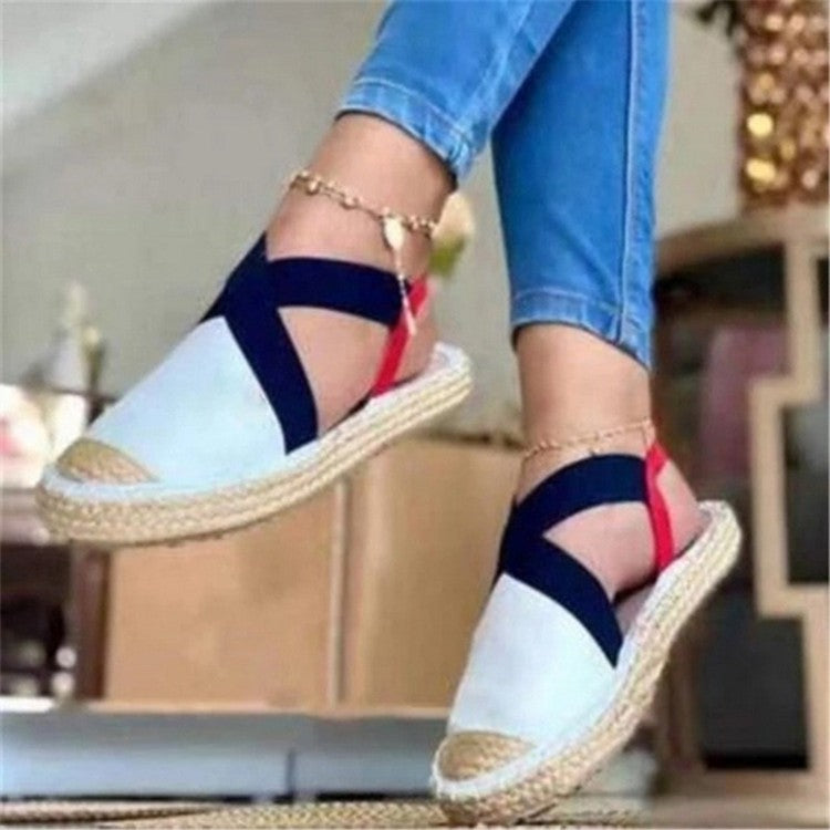 Straw Flat Women's Round Toe Elastic Sandals
