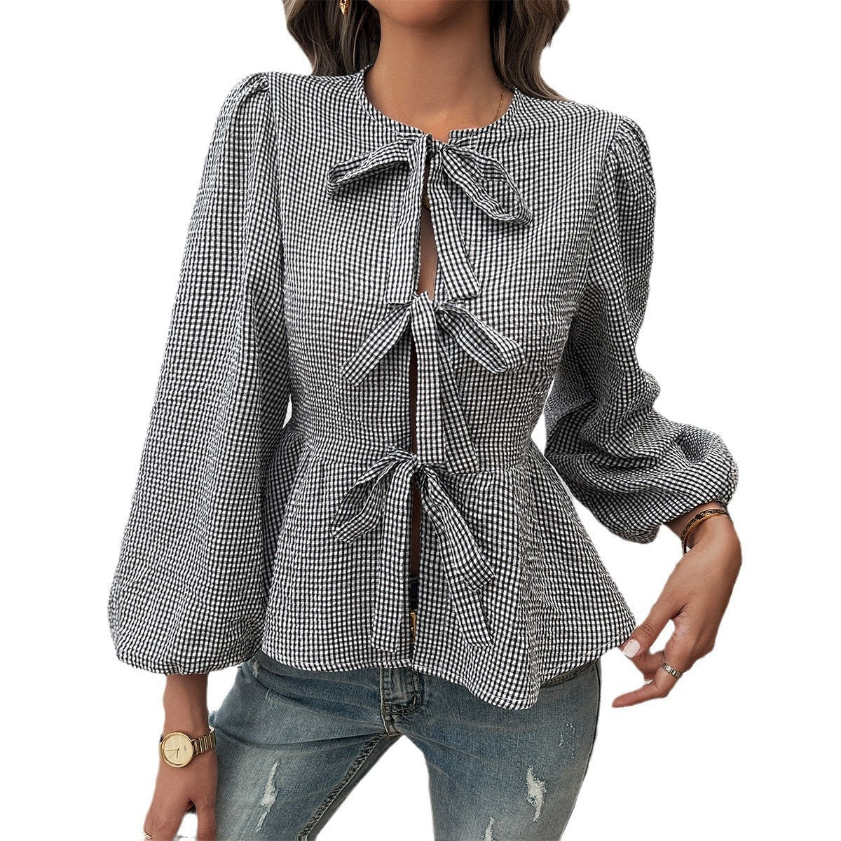 Elegant Design Contrast Color Tied Long Sleeves Shirt