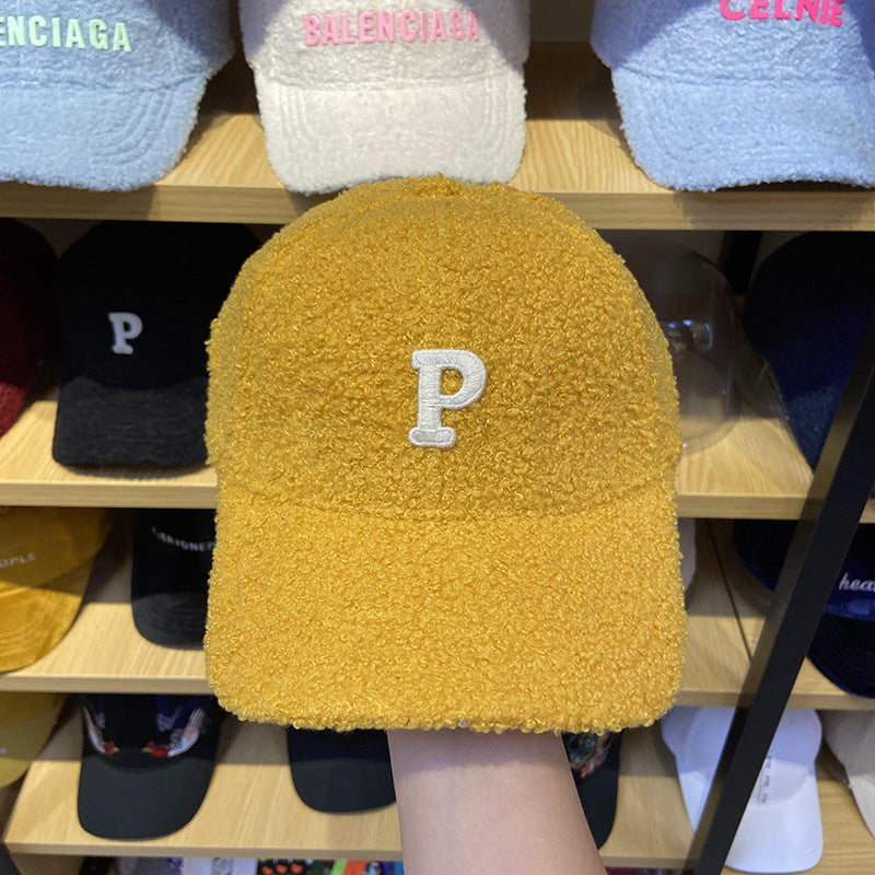 Lamb Hair Letter P Baseball Hat Female