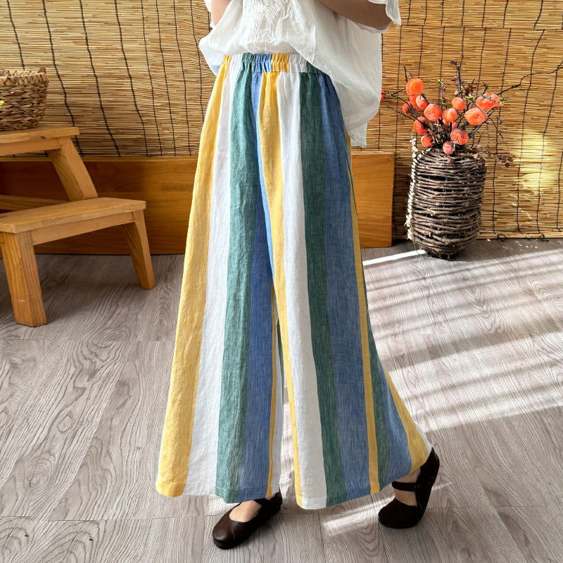 Colorful Stripes Linen Wide-leg Pants Drape Spring And Summer New Large Size Cotton Linen Pants Loose Color Matching