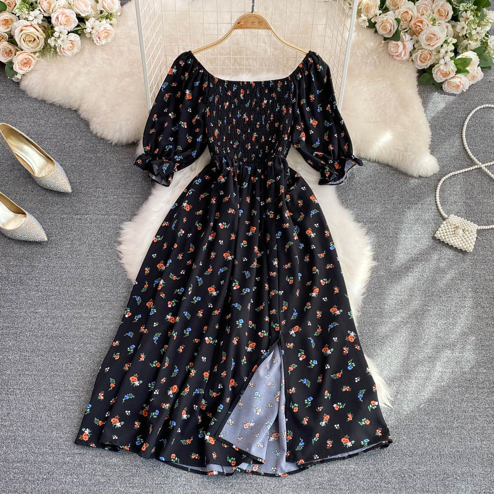 Bubble Short Sleeve Waist Wrapped Slim Split Dress