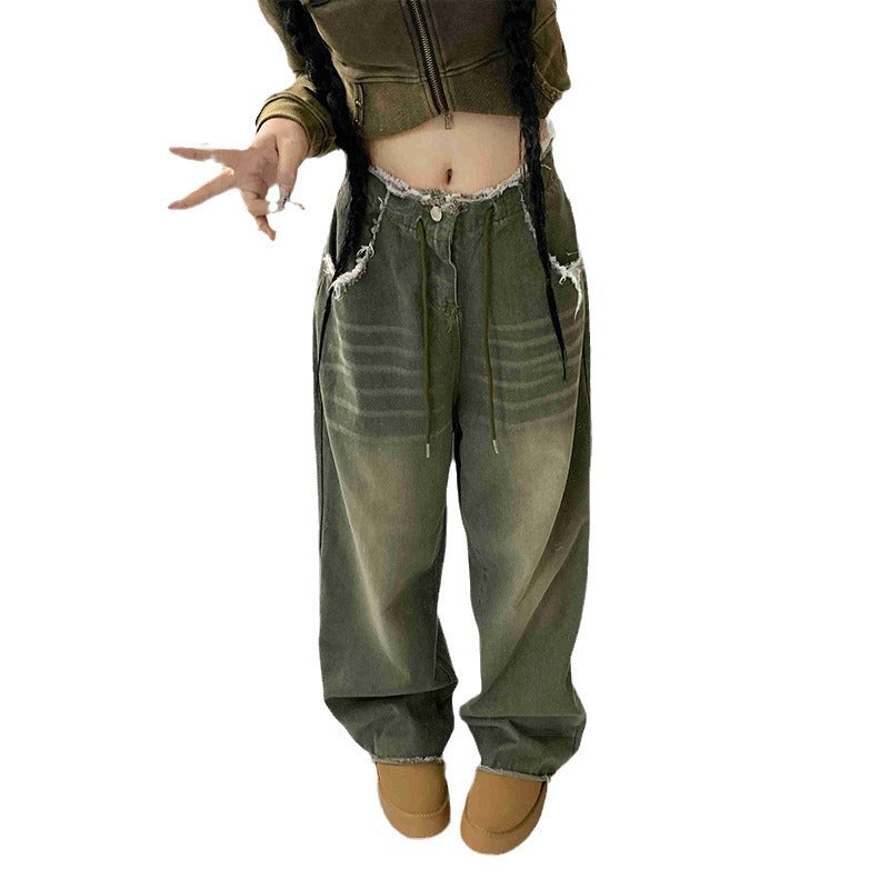 Washed Frayed Hem Casual Wide Leg Denim Pants