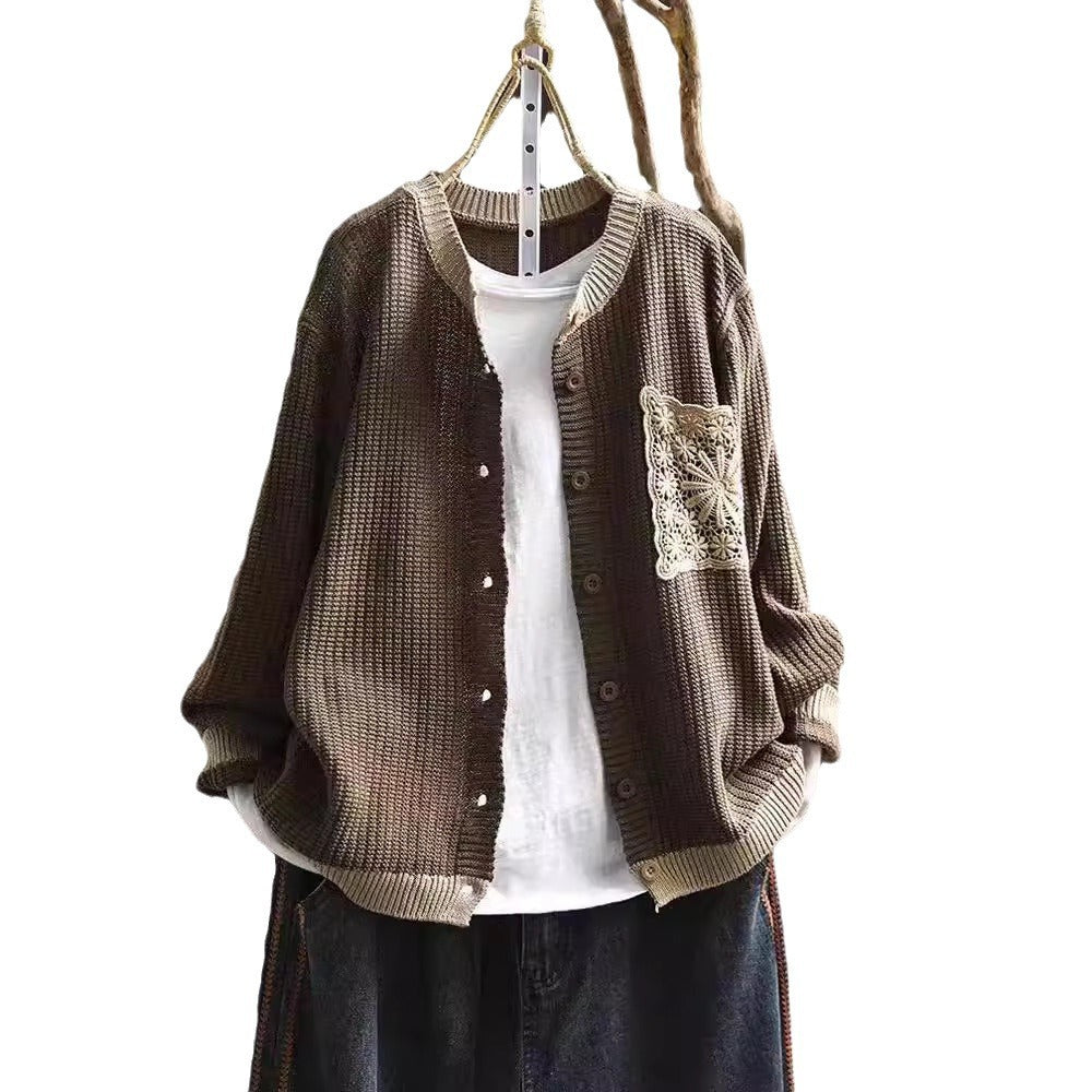 Retro Knitted Cardigan Women Round Neck Loose