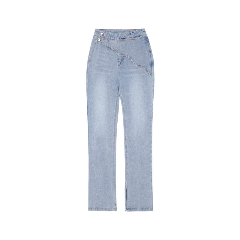 Side Slit High Waist Women's Slim Yuppie High Street Cotton Slim Jeans