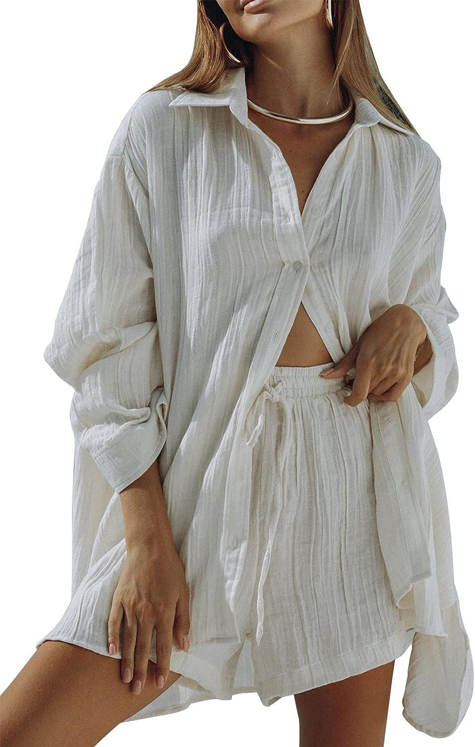 Women's Casual Long-sleeve Shirt And Shorts Set