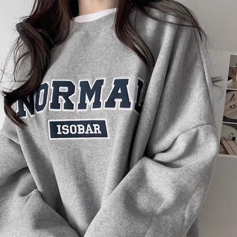 Gray Capless Round Neck Brushed Hoody Women's Loose