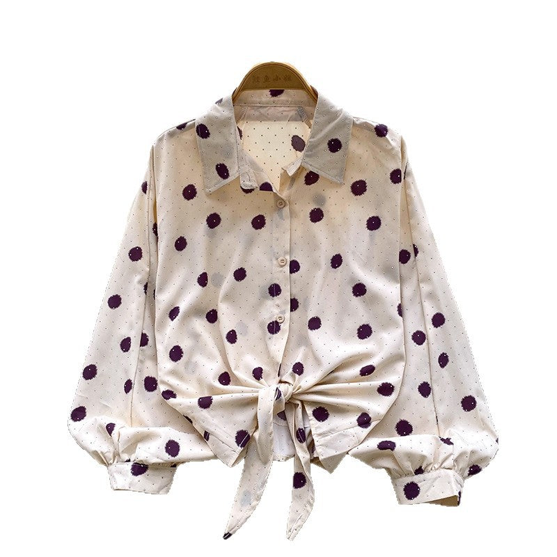 Tie-waist Lantern Sleeve Polka Dot Hot Drill Shirt
