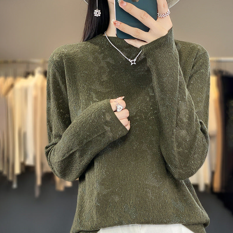 Women's Half Turtleneck Hollow Out Sweater Loose Pullover Fashionable Knitted