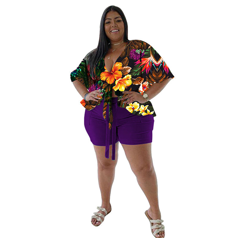 Women's Plus-Size Casual T-Shirt And Shorts Set With Print