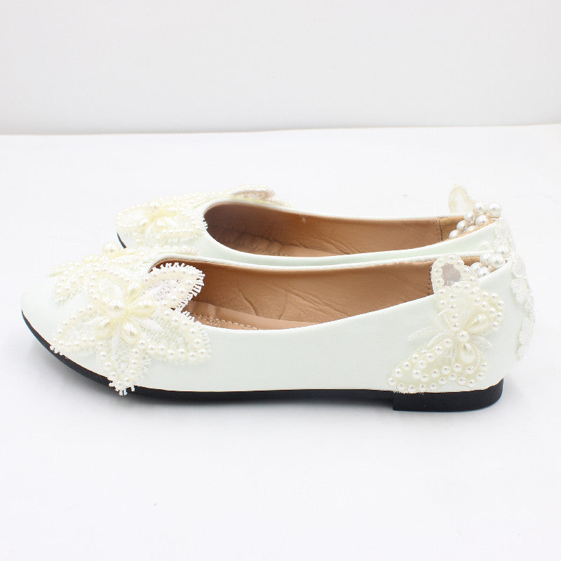 White Flat Bottom Butterfly Bead Chain Shoes