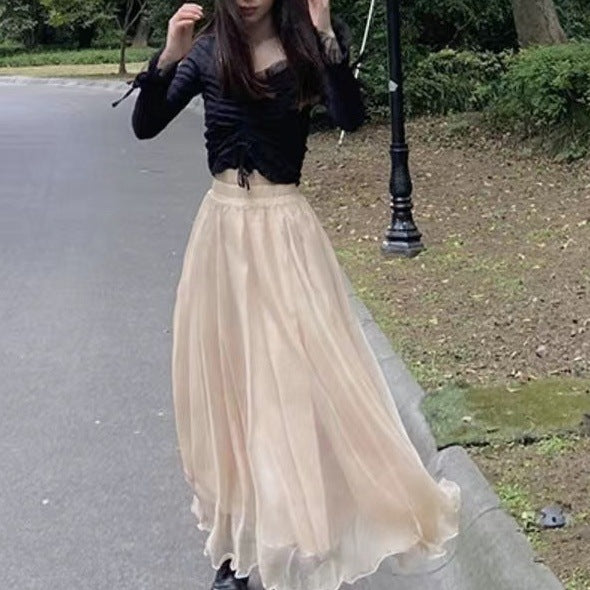 Oversized Wave Edge Gold Silk Chiffon Sparkling Pearl Skirt