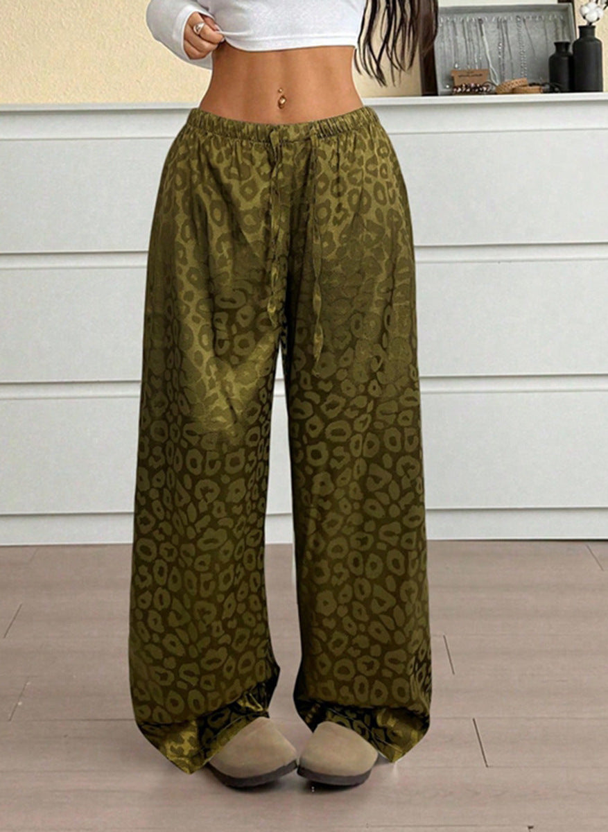 Drawstring Leopard Print Mop Wide Leg Pants