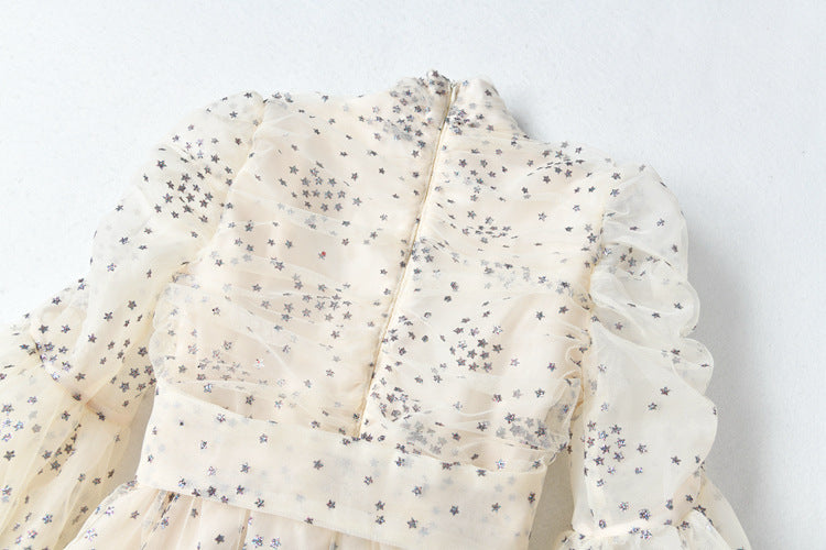 Women's Mesh Star Shiny Silk Print Waist Wrapping Slim Dress