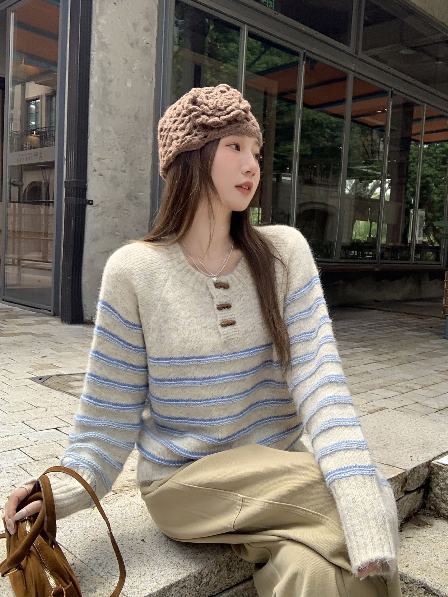 Womens Casual Striped Half-zip Long-sleeve Base Top