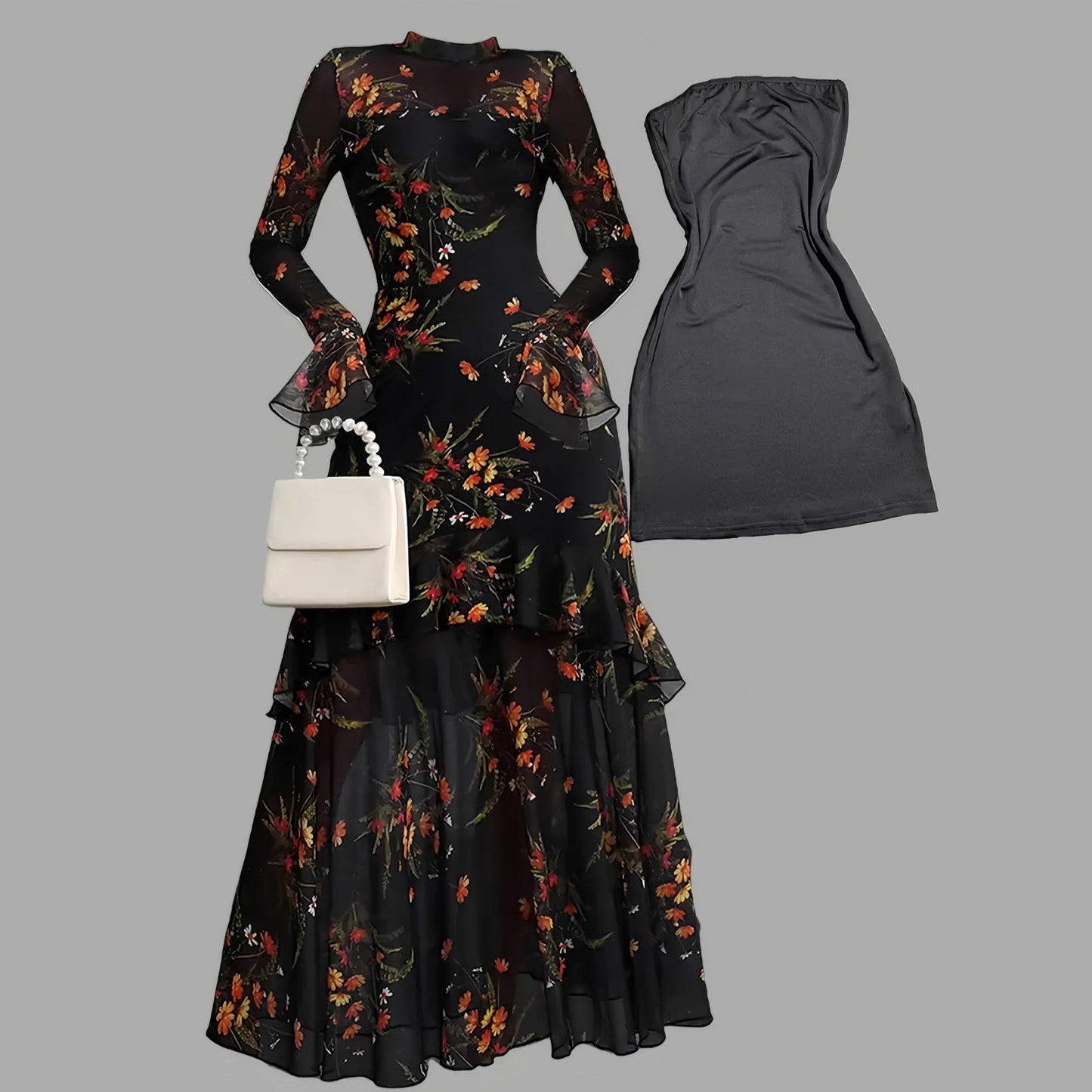 Women's Floral Dress Set With Suspenders